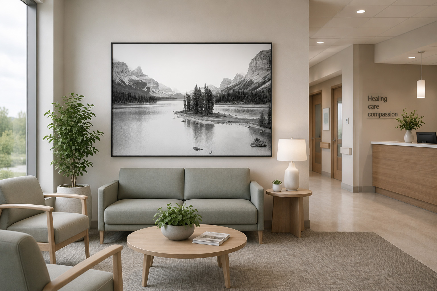Healthcare waiting area with large framed Spirit Island black and white fine art photography by Dan Sproul